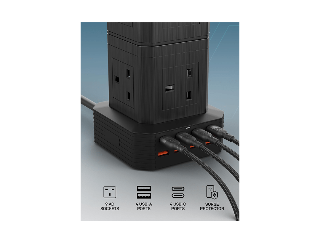 Moxedo Smart Hub Power Strip 17 in 1 9 AC Sockets + 4 USB-C Ports + 4 USB-A Ports 3250W GaN Tower Surge Extension Multi-Socket in Qatar Moxedo Smart Hub Power Strip 17 in 1 9 AC Sockets + 4 USB-C Ports + 4 USB-A Ports 3250W GaN Tower Surge Extension Multi-Socket in Qatar